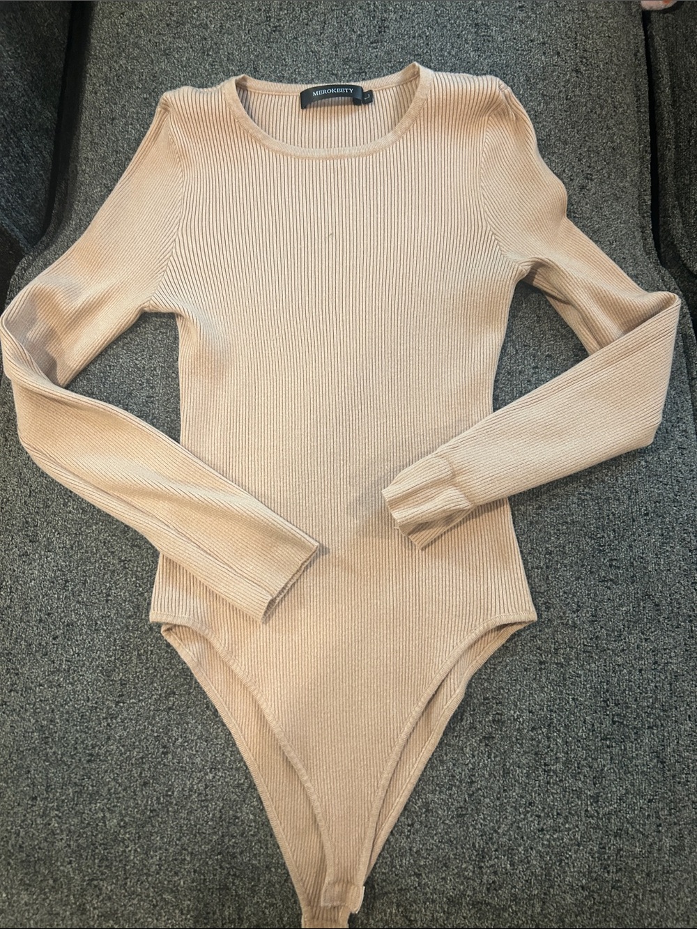 Merokeety Beige Ribbed Long-Sleeve Crewneck Bodysuit